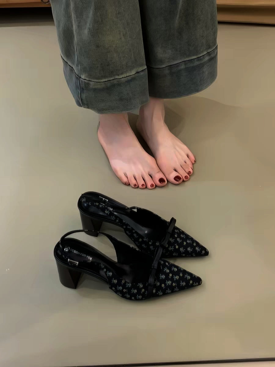 Apricot Bow Polka Dot Pointed Toe Block Heel Sandals, Elegant Gentle Style Women Closed Toe High Heels