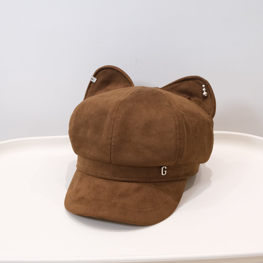 Autumn Winter Cute Cat Ears Octagonal Beret With Solid Color Vintage Style Pin Head Newsboy Hat - A Casual Outfit-Wear Hat With Unique Personality