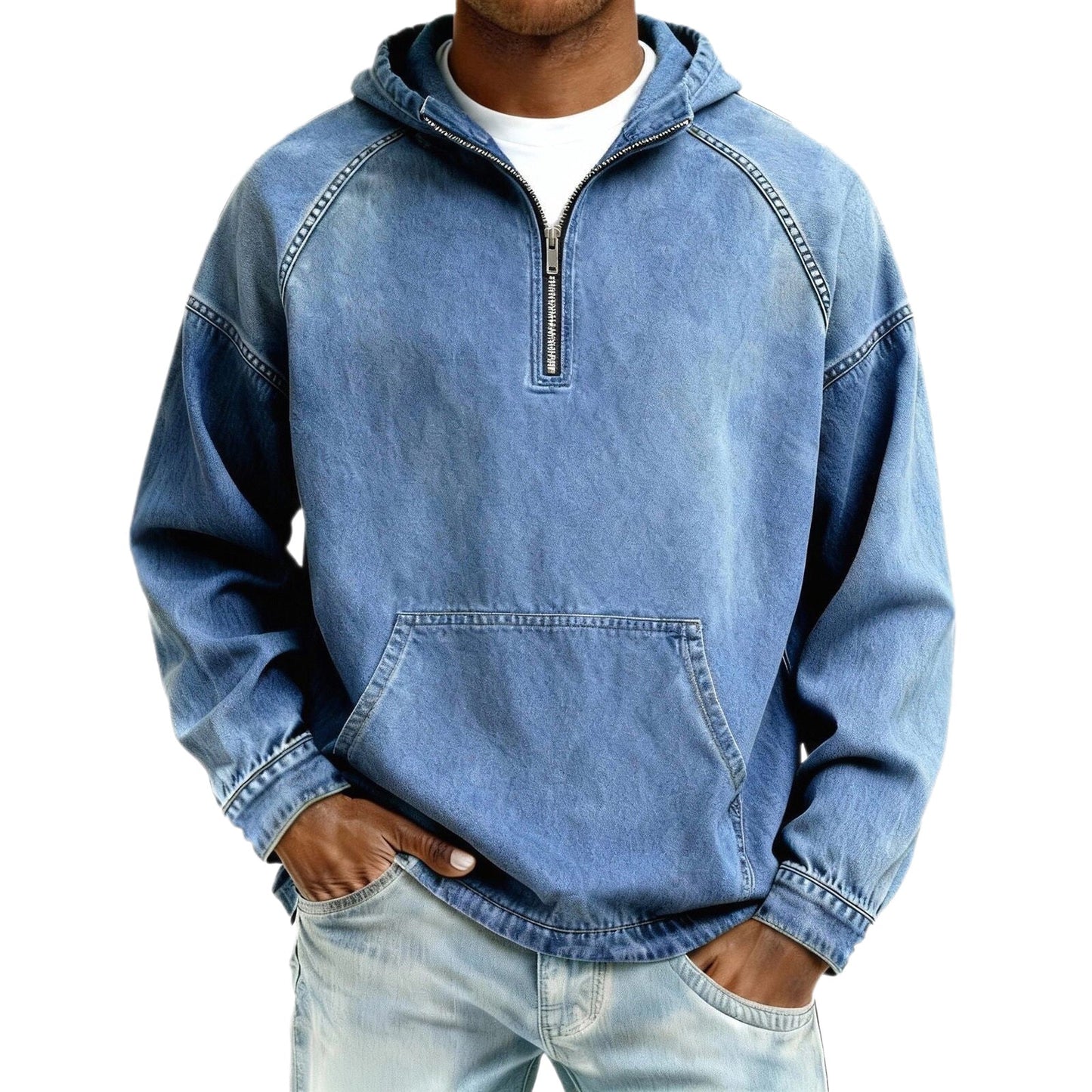 Mens Solid-Color Casual Hooded Zip-Up Sweatshirt