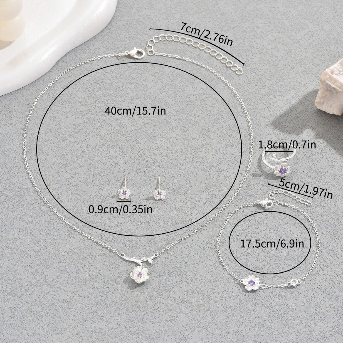 Ins Gentle Japanese Korean Style Women Jewelry Set, Cubic Zirconia Inlaid Cherry Blossom Design Long Necklace Ring Earrings Matching Accessories