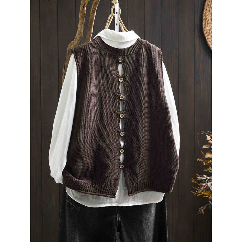 Back Buttoned Cotton Thread Knitted Vest Women