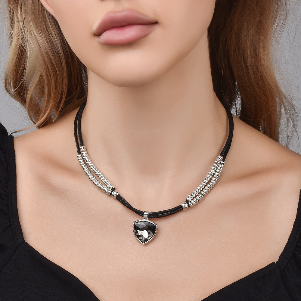 Two Layer Silver Bead Black Wax Cord Choker, Smoky Grey Heart Cubic Zirconia Punk Necklace, Y2K Cool Jewelry For European Spanish Women