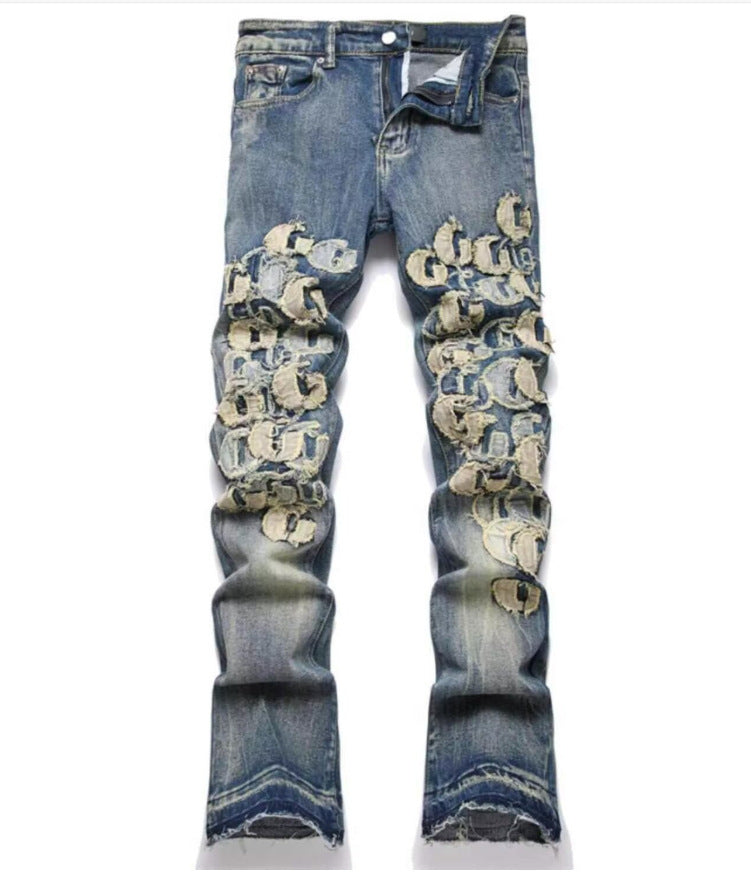 Punk Retro Blue Ripped Slim Fit Men's Jeans