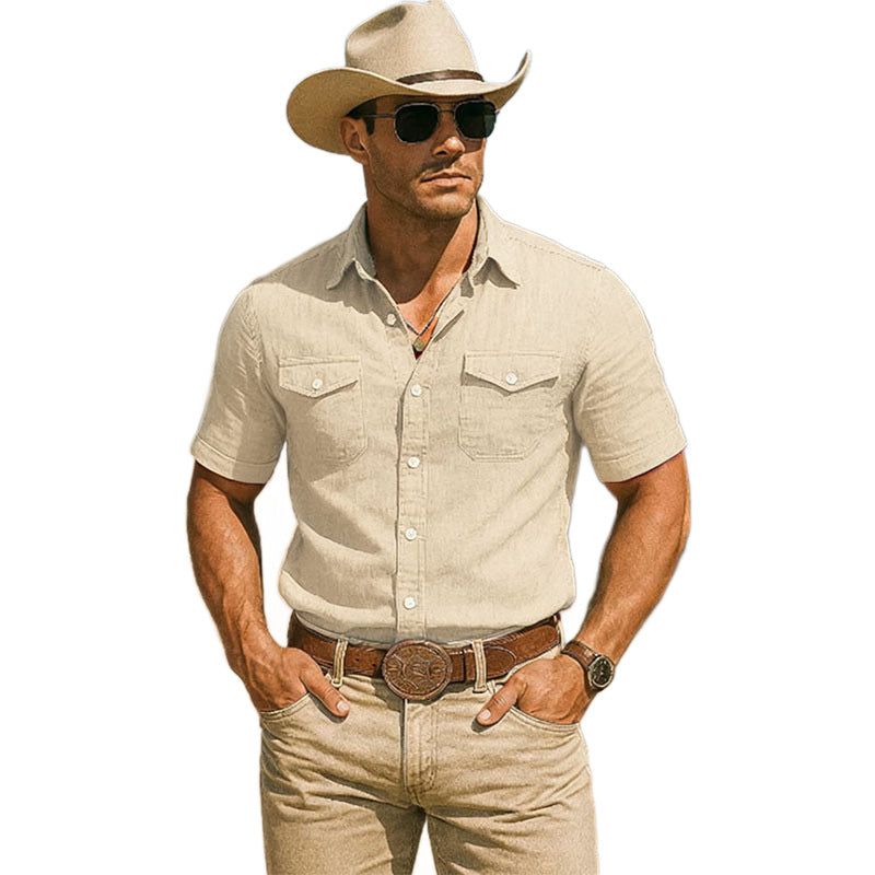 Mens Lapel-Neck Pocket Casual Short-Sleeve Shirt
