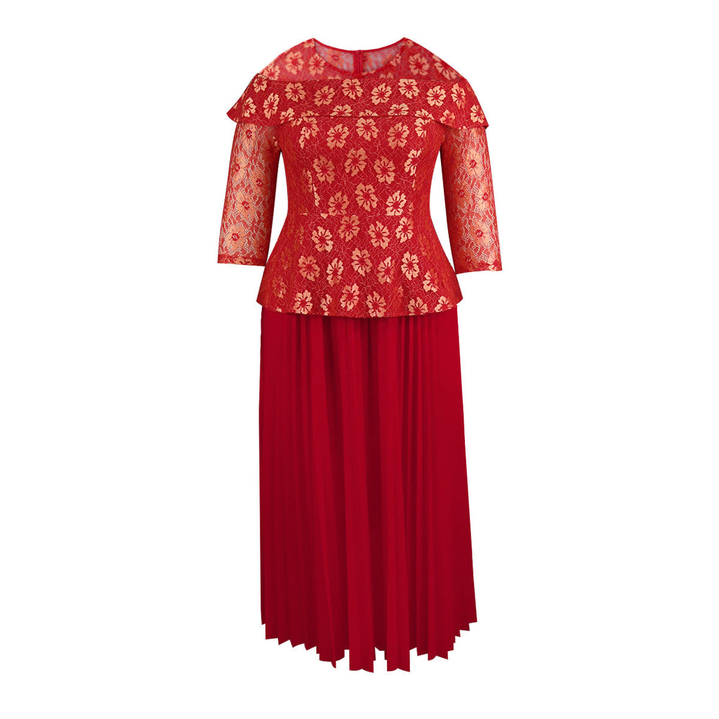 Women's Solid Color Versatile Lace Long Sleeved Pleated Skirt