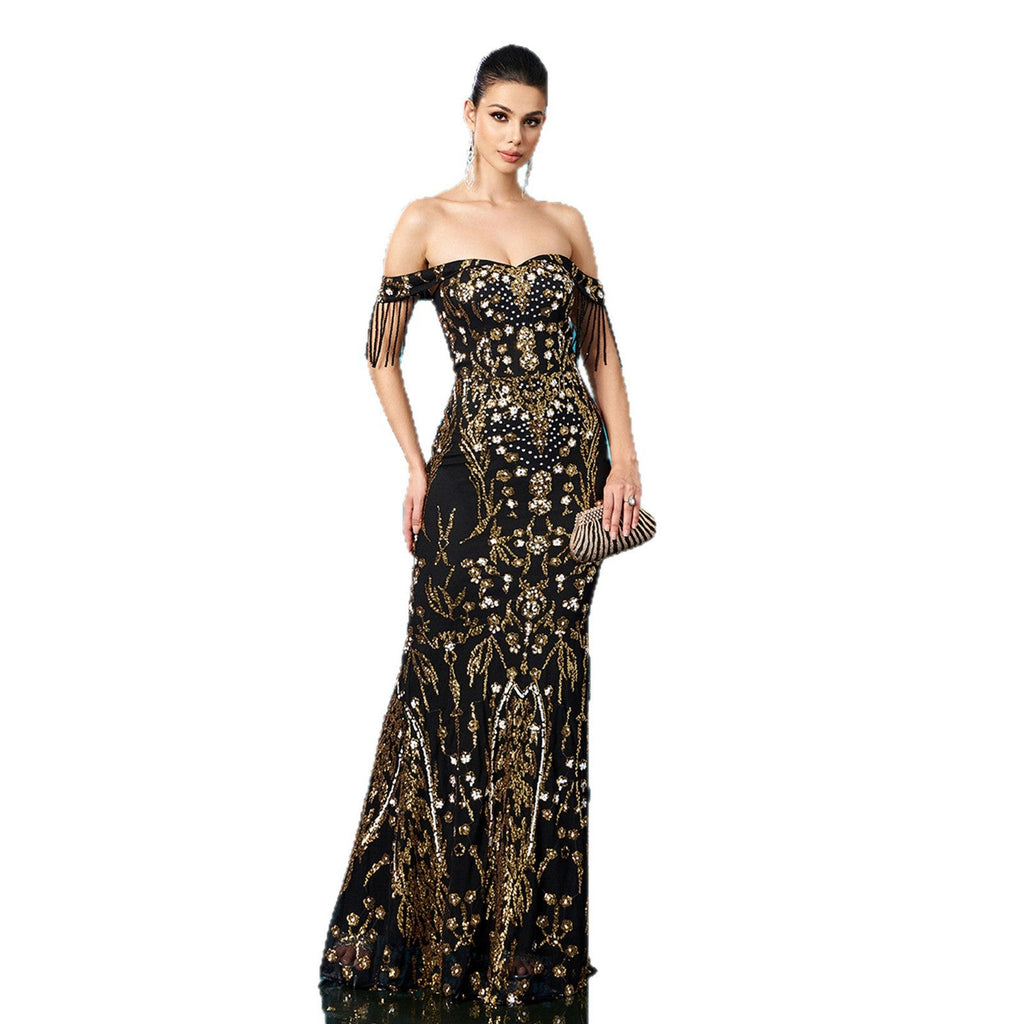 Off-neck Tassel Sequined Fishtail Evening Dress For Banquet