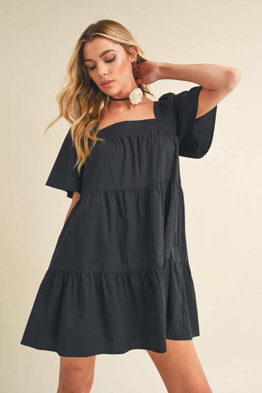 Square Neck Half Sleeve Tiered Summer Dress For Women–Elegant & Flattering with Ruched Detail & Chic Tiered Design