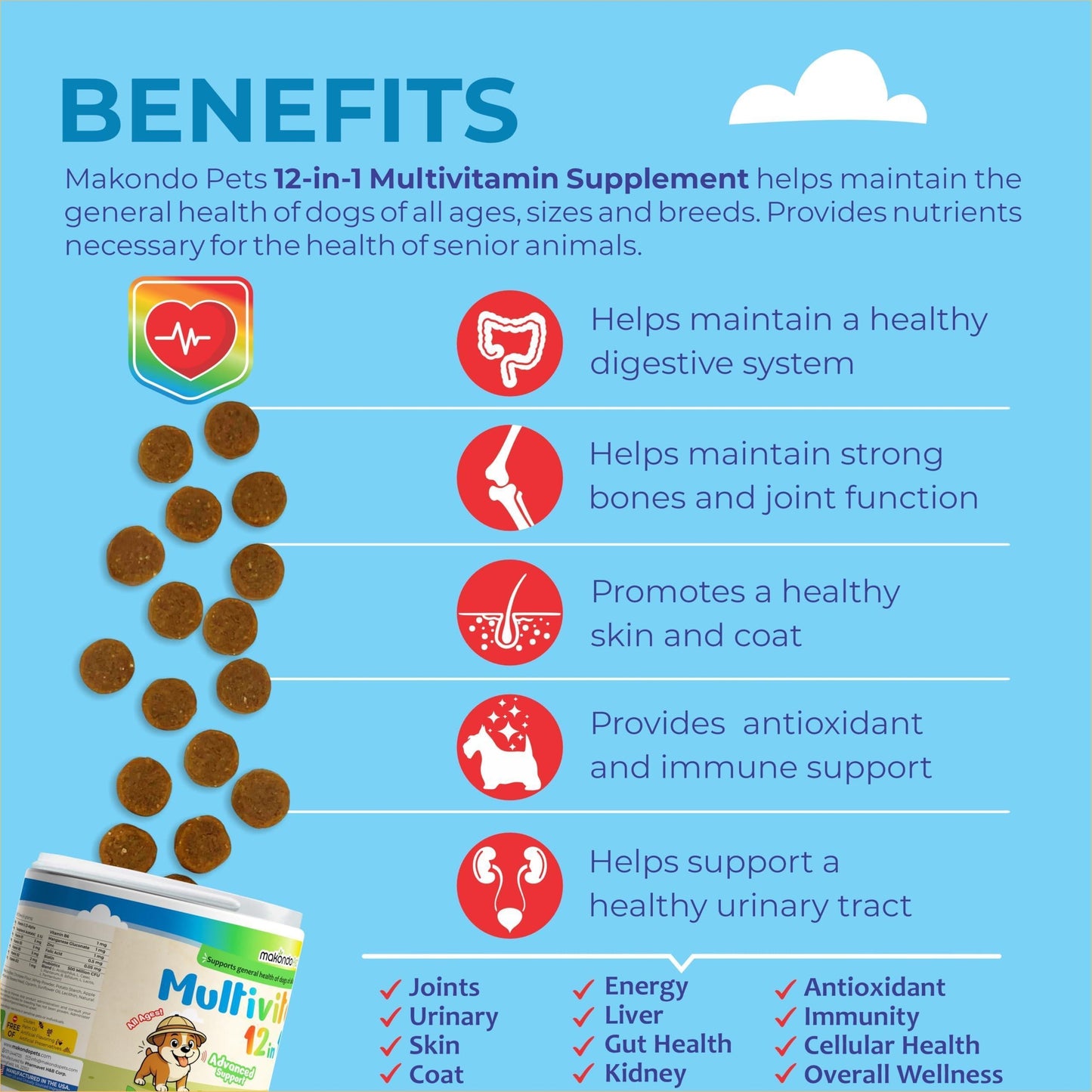 12 in 1 Dog Multivitamin 120 Soft Treats   Glucosamine Joint Support   Gut Digestive Enzymes & Probiotics   Cranberry Urinary Health & Vitamins for Energy Skin Coat Liver & Immune Aid Dog Vitamins