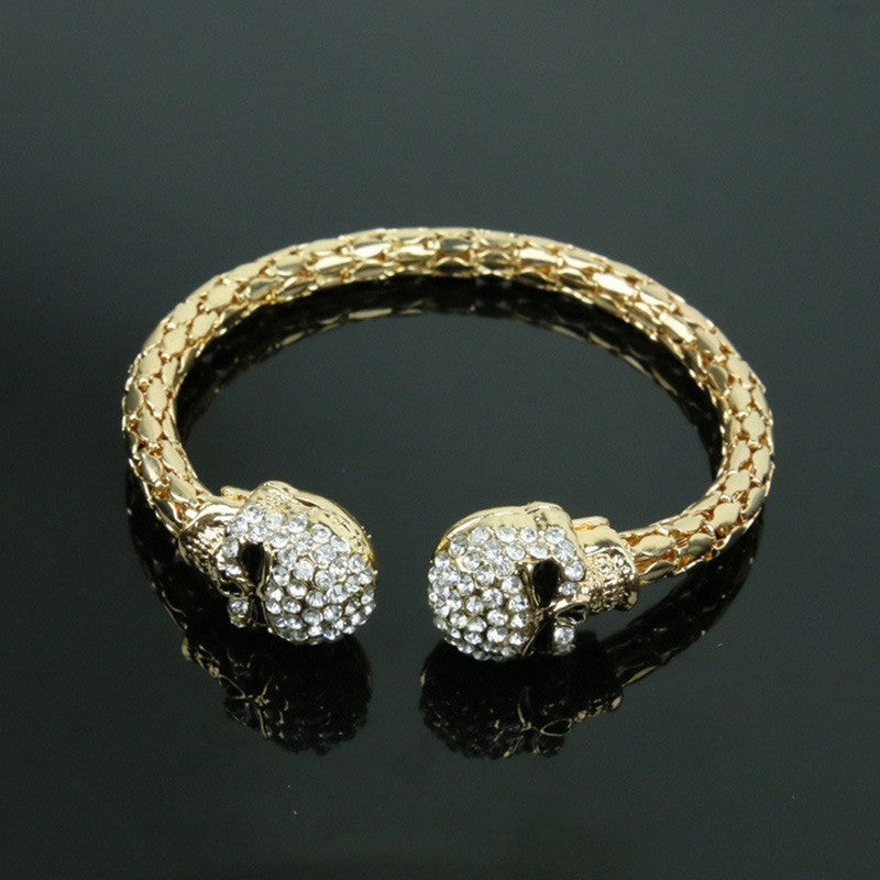 Shimmering Light-luxury Golden Skull Open Bangle Studded With Diamonds