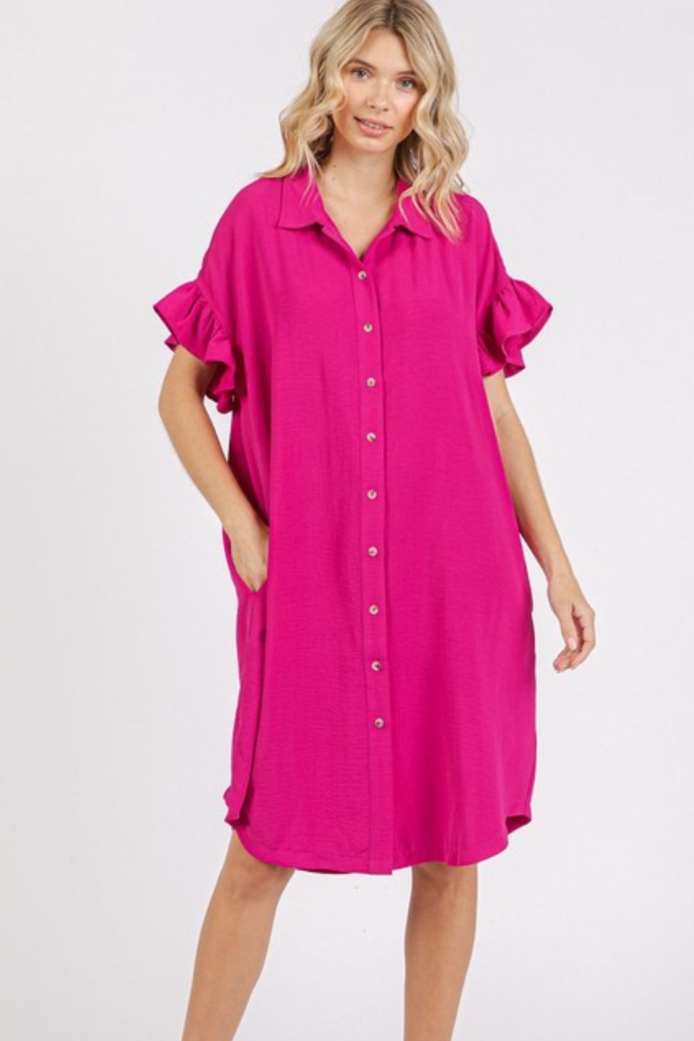 New Button Down Flounce Sleeve Dress with Pockets For Women – Trendy, Casual, Feminine, Practical & Stylish Design For Any Occasion