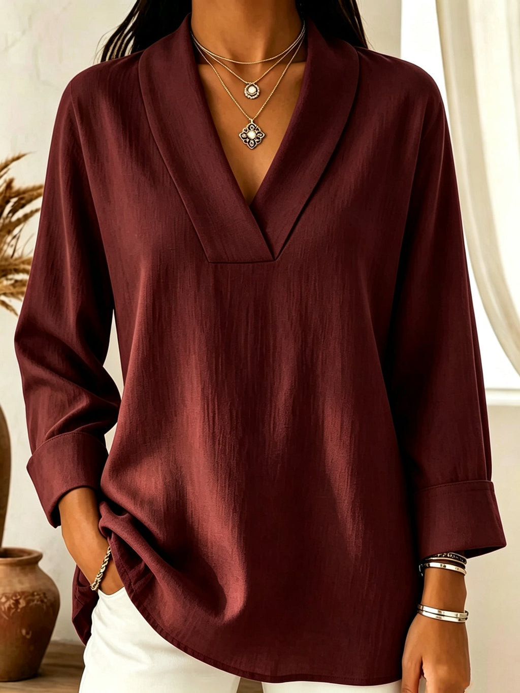 Womens Relaxed-fit Three-quarter-sleeve V-neck Blouse