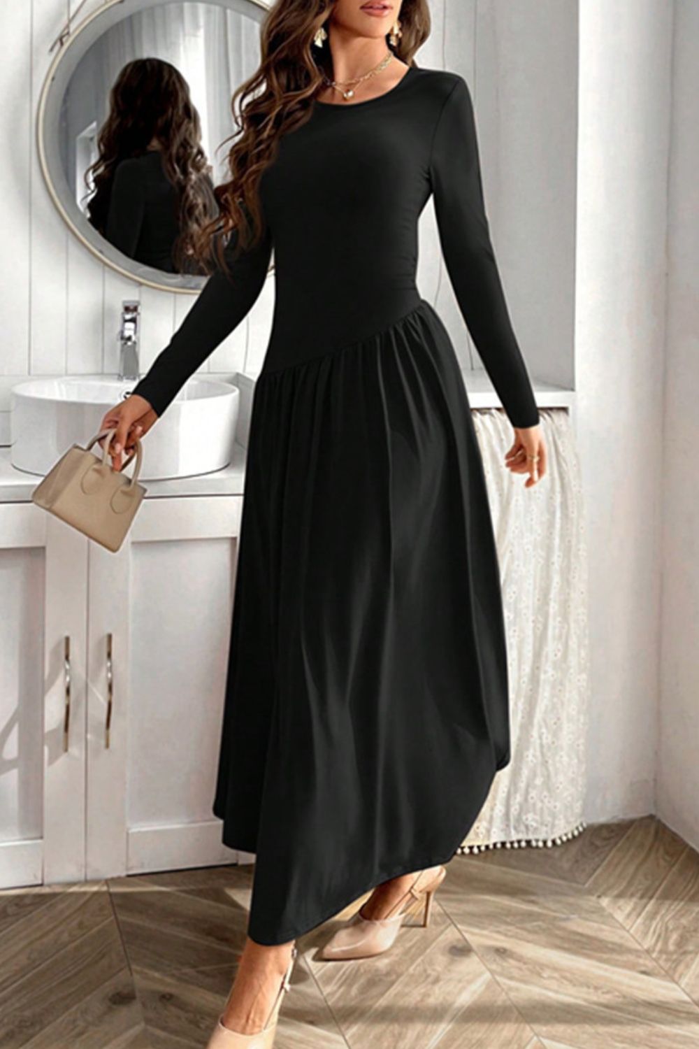 Ruched Round Neck Long Sleeve Dress Chic & Figure-Flattering Dress For Women Luxury Black Dress