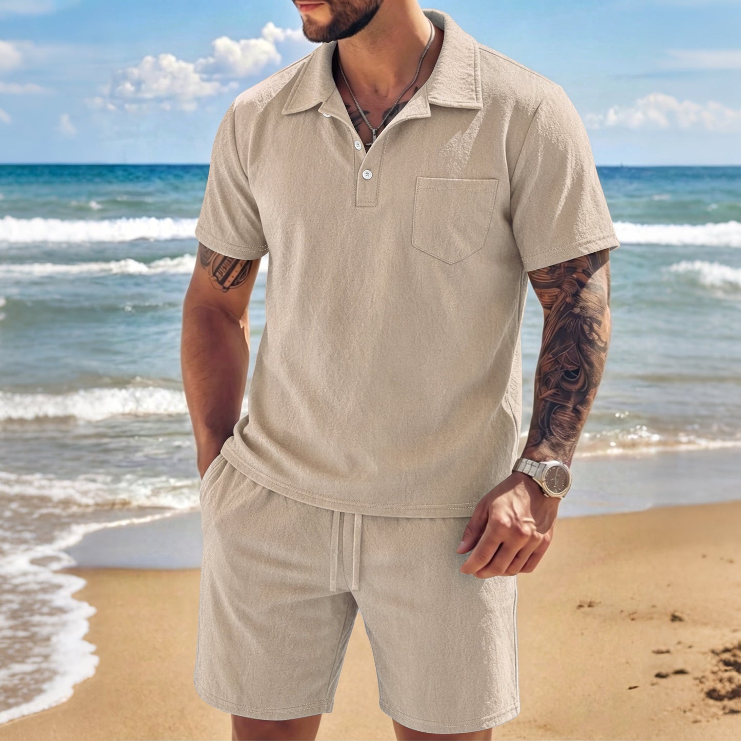 New Mens Summer Linen Two-piece Set