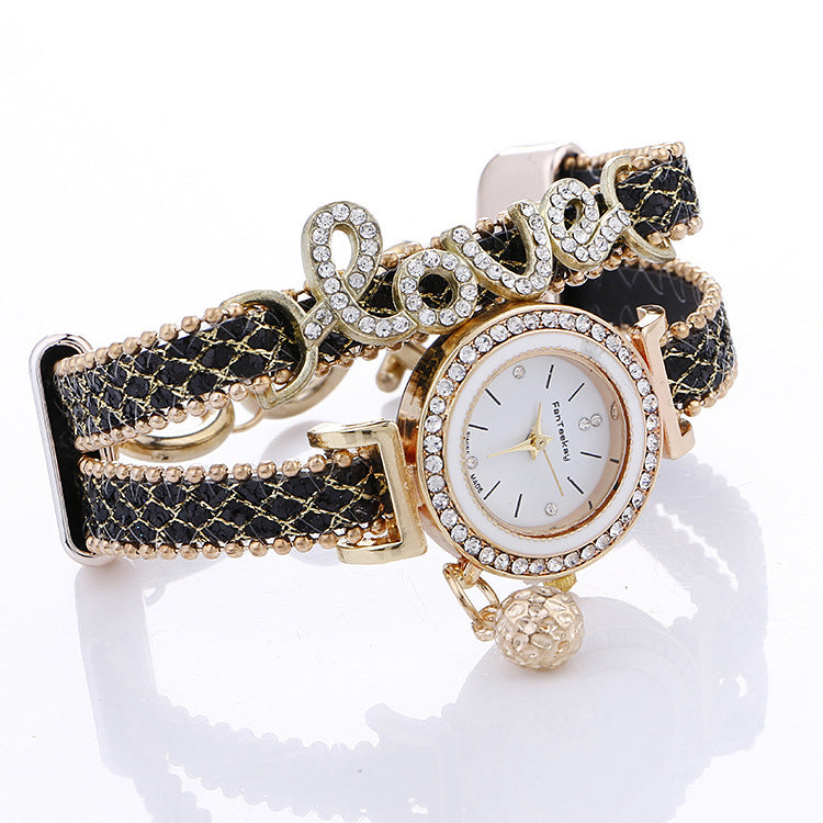 Crystal Leather LOVE Bracelet Womens Watch