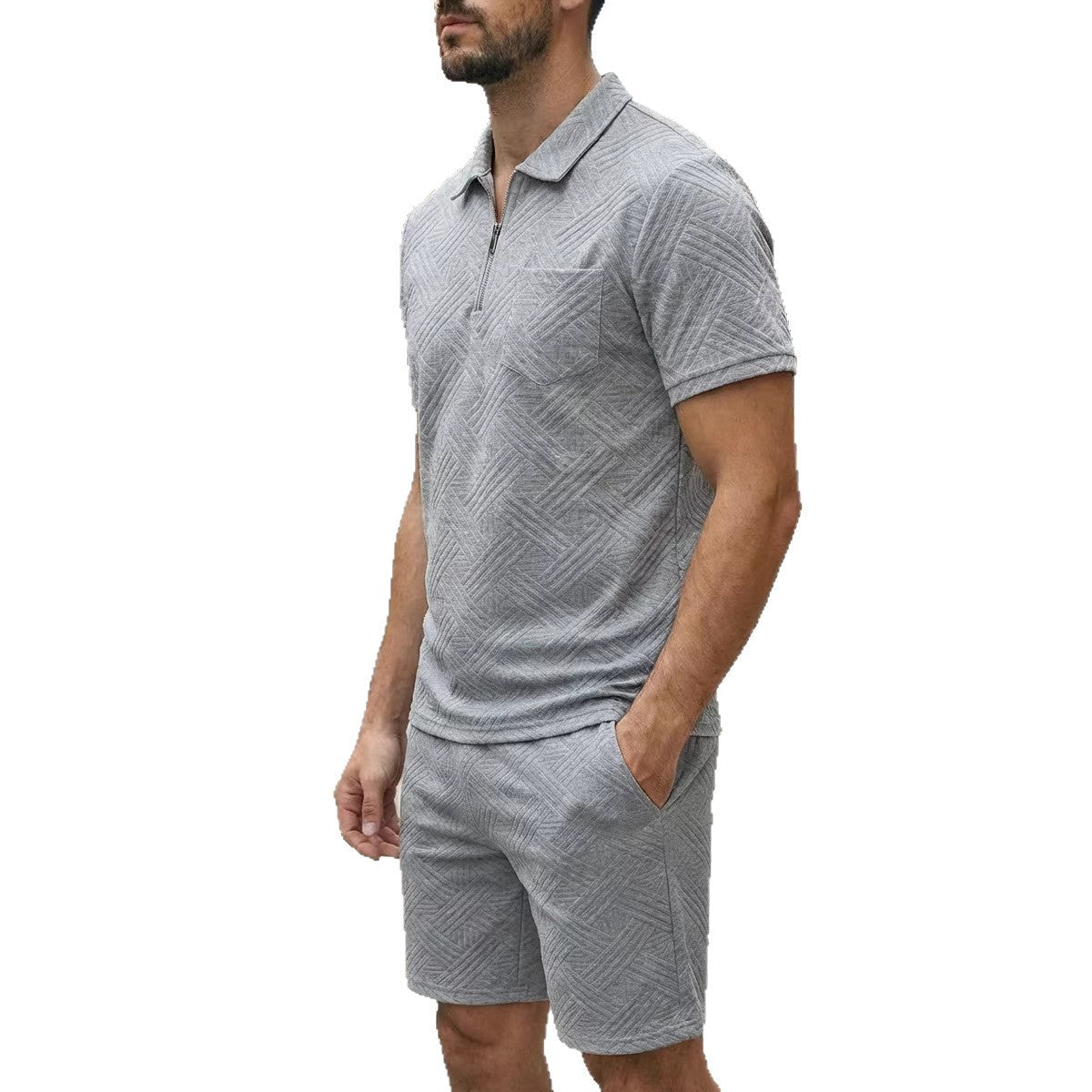 Mens Spring New Solid-Color Jacquard Zip-Up Set