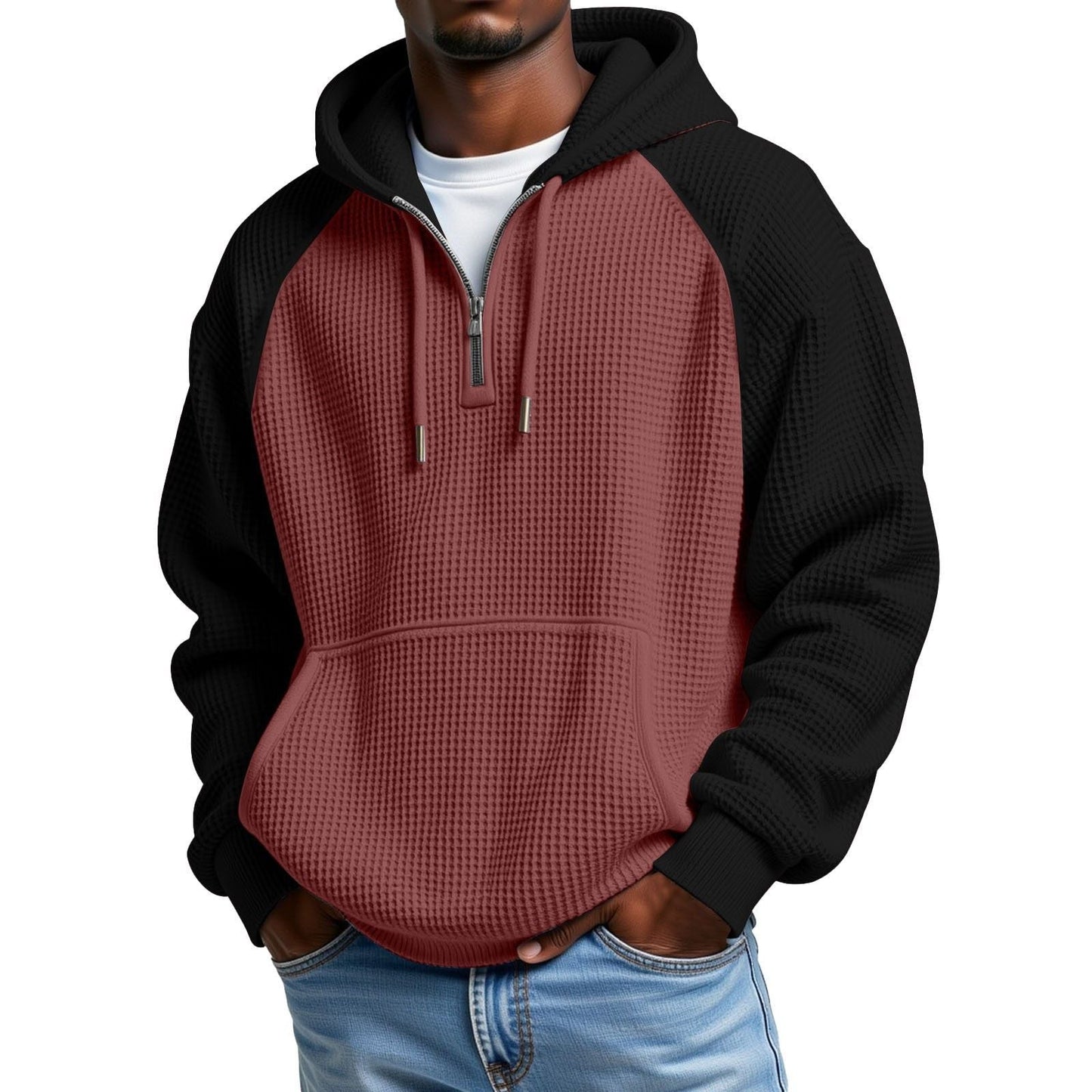 Color-block Waffle-knit Long-sleeve Hooded Jacket