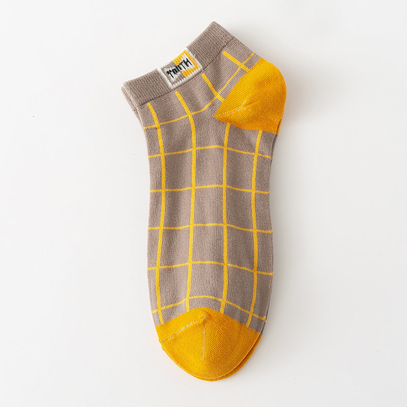 Mens Cotton Socks Plaid Pattern Low-cut All-season