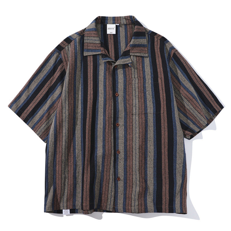 Japanese-style Retro Amekaji Ethnic Style Striped Short Sleeve Shirt