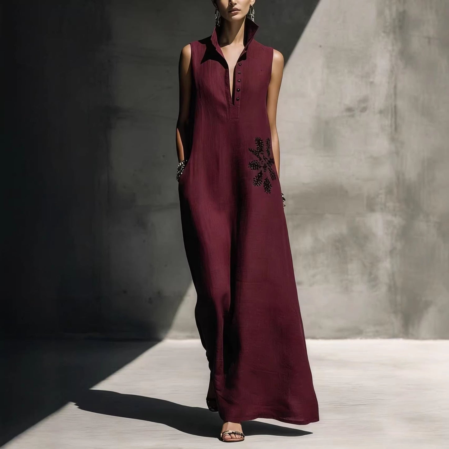 Women's Cotton Linen Mandarin Collar Maxi Dress – Graphic Print with Pockets