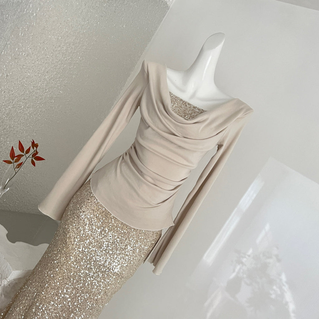 Women's Champagne Gold Sequin Two-Piece Evening Gown Set Ruched Top Mermaid Skirt Formal Party Dress
