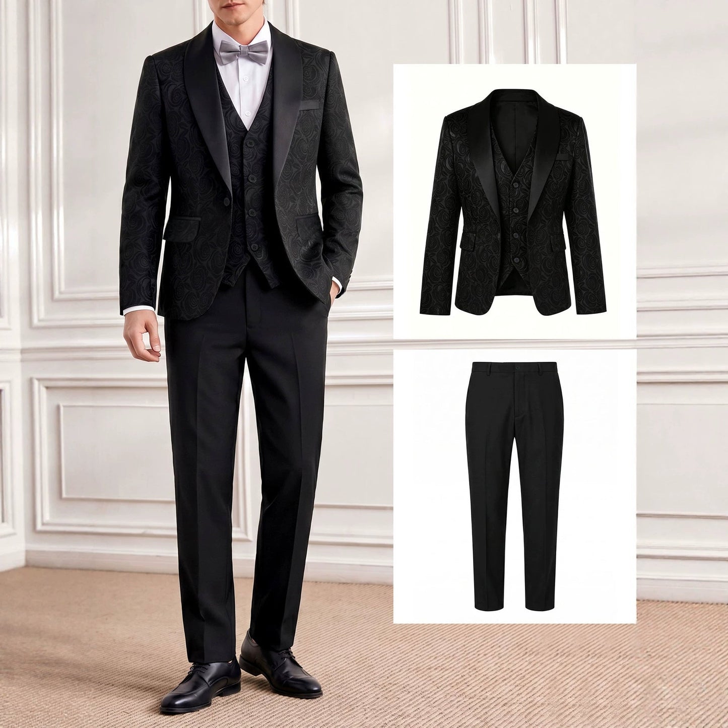 Mens Jacquard Formal Waistcoat Suit Three-piece Set