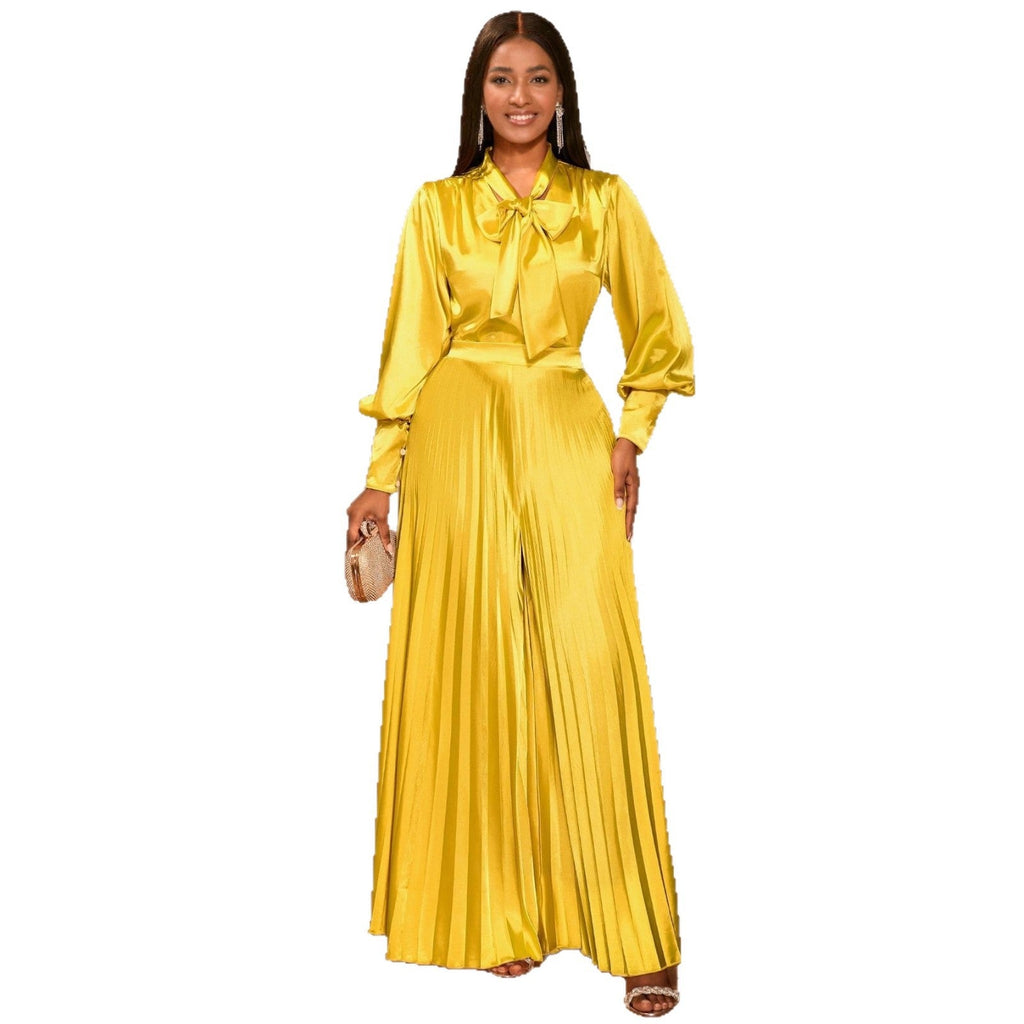 Sexy V-neck Bow Long Sleeve Top Elegant Pleated Wide Leg Trousers Suit