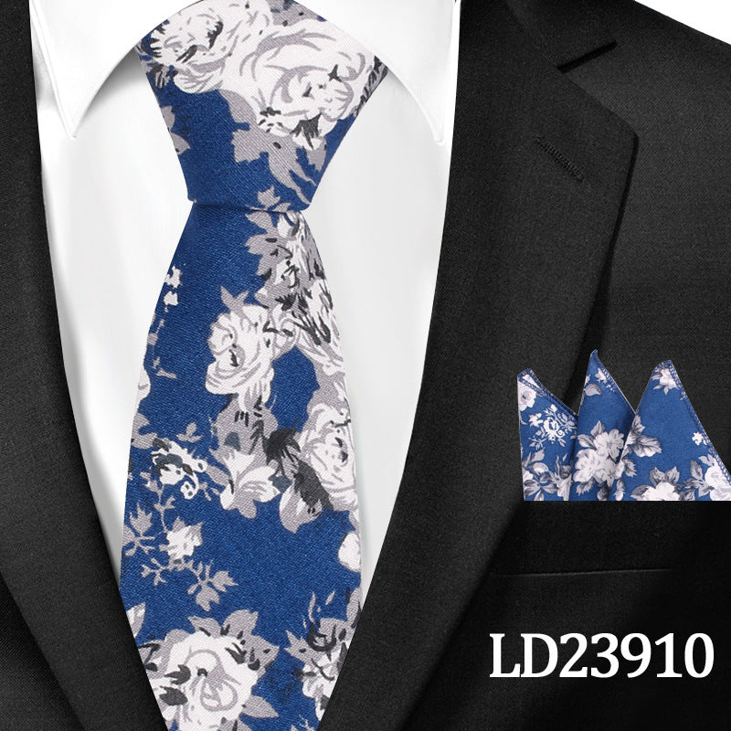Casual Cotton Floral Print 6cm Casual Tie Pocket Square Suit