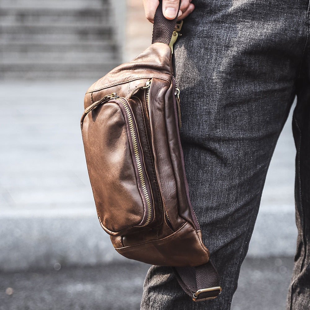 Simple Retro First-Layer Cowhide Mens Chest Bag