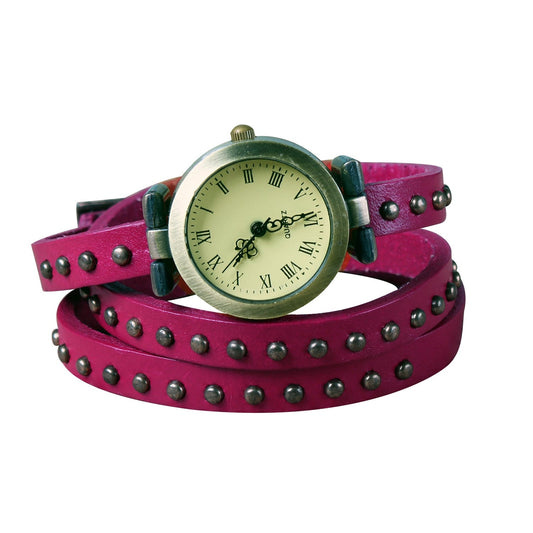 Modischer Nietengürtel aus Leder Retro-Uhrenarmbandkette-pink