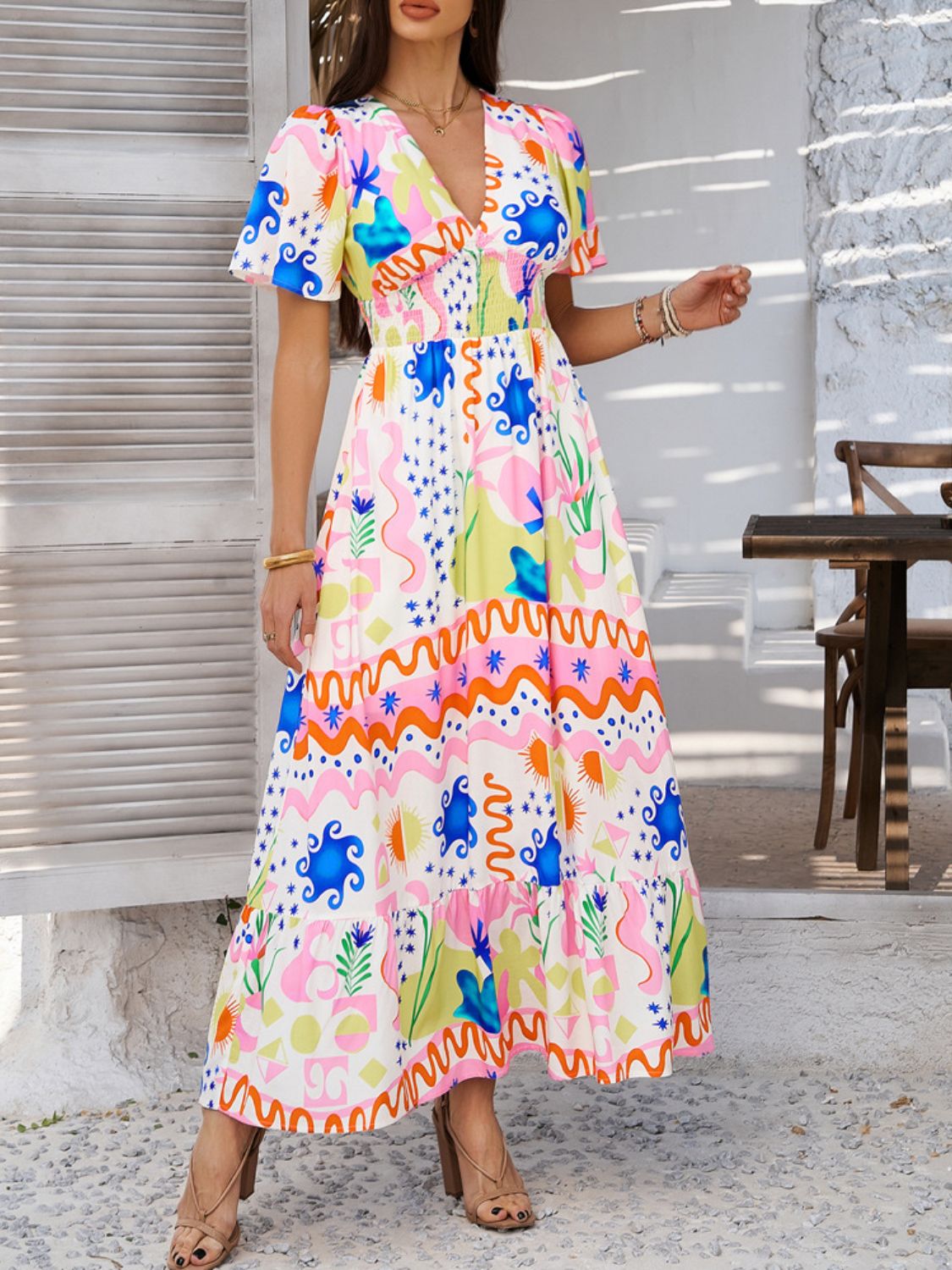 Elegant Printed V-Neck Short Sleeve Maxi Dress Beautiful Casual Women Long Dress