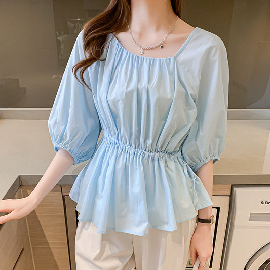 Irregular Ruffled Edge Thin Cotton Square Collar Shirt