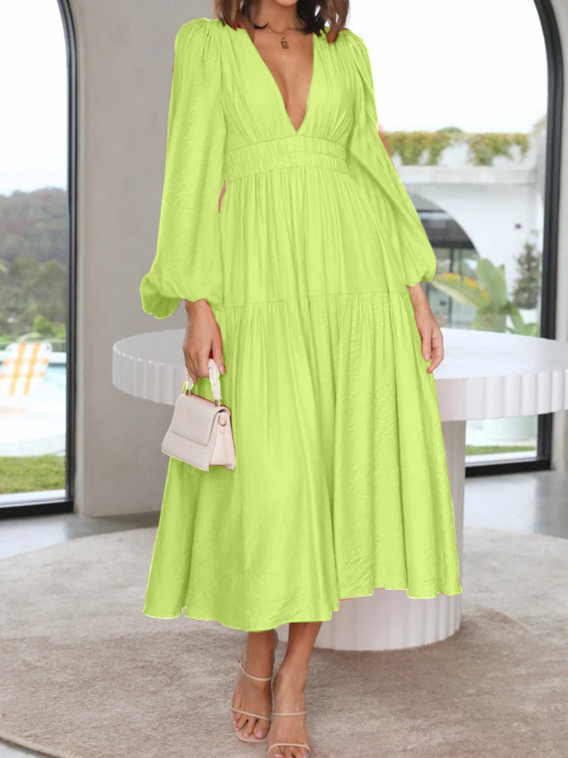 Lightweight Deep V-Neck Balloon Sleeve Maxi Dress Elegant & Flowing Silhouette Unique Dress