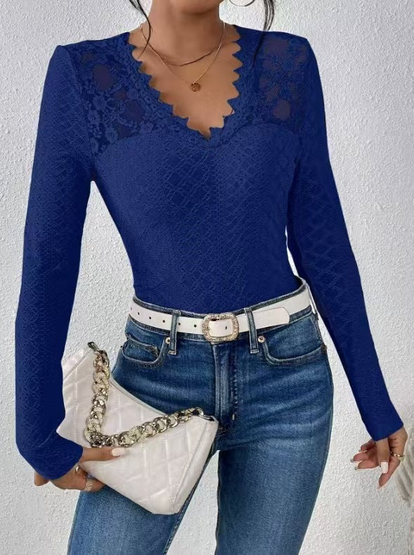 Solid-color V-neck Lace-panel Long-sleeve T-shirt Top For Womenelegant Style