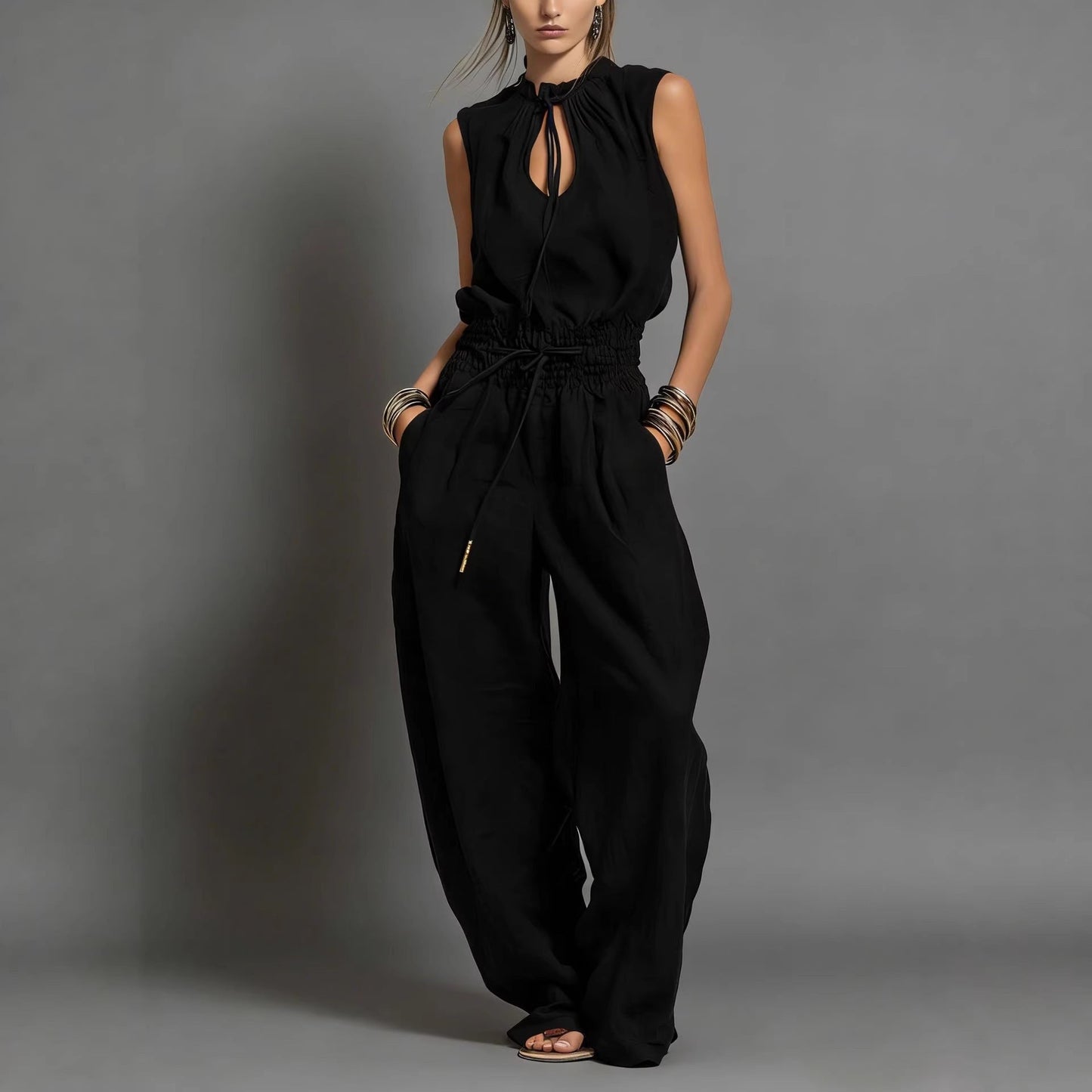 Women's Sleeveless High-Waist Wide-Leg Pleated Jumpsuit