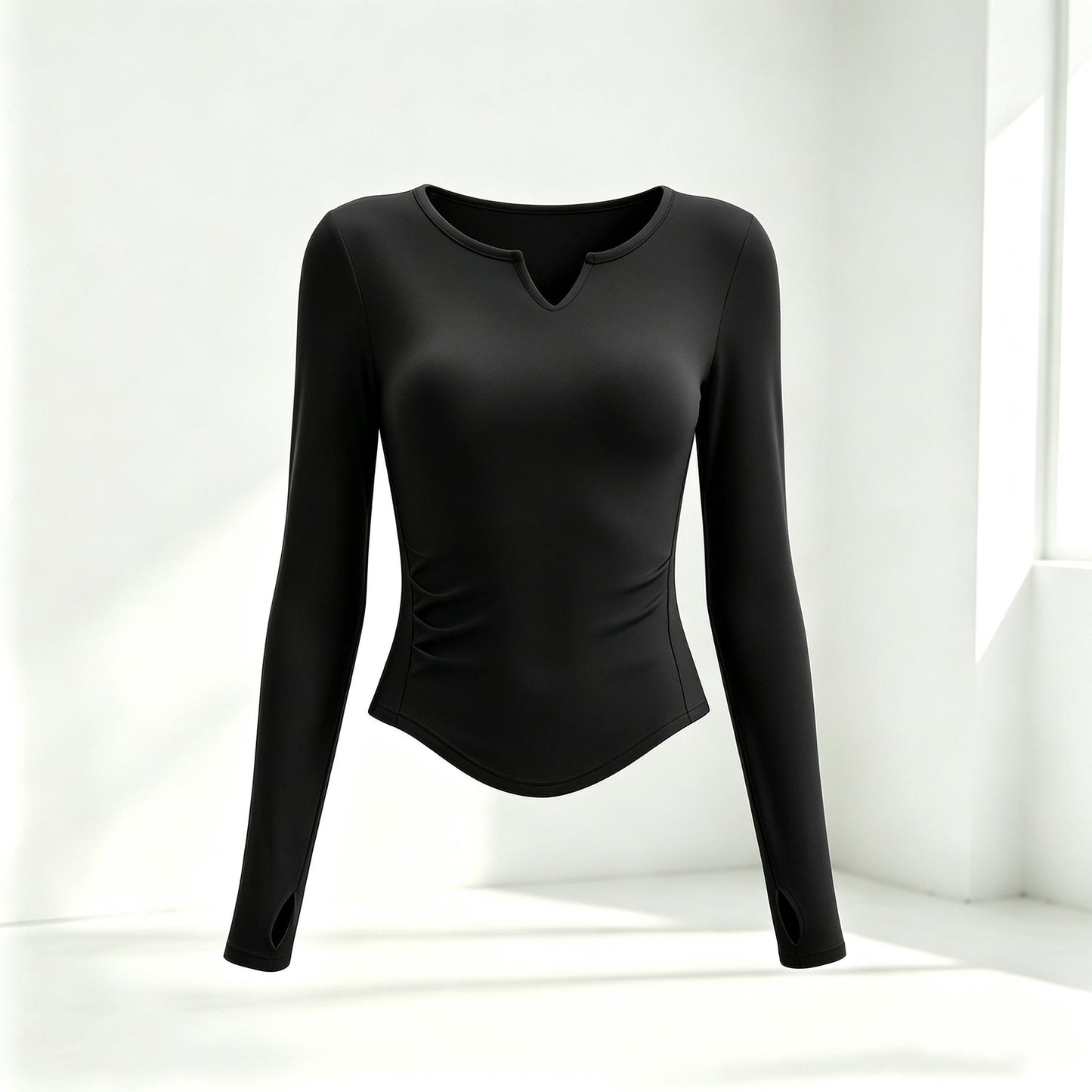 Small V-neck Pleated-waist Long-sleeve Womens Top