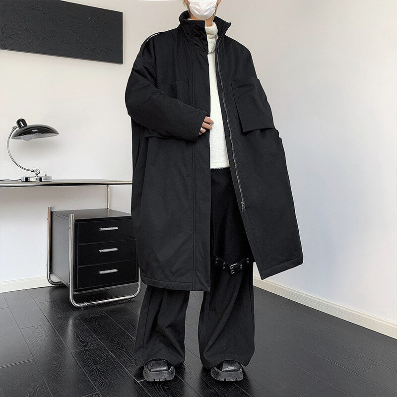 Mens Long Below-the-knee Cotton-padded Coat Yohji Yamamoto Style