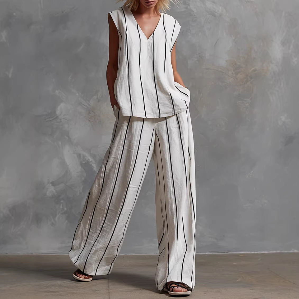 Women’s Sleeveless Striped Top and Full-Length Pants Set