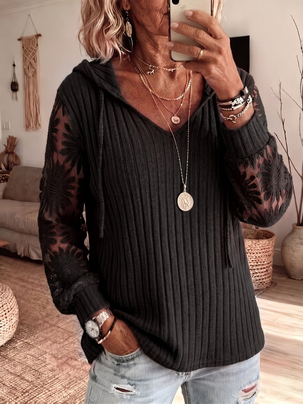 Women V Neck Hooded Sweatshirt Ribbed Knit Floral Lace Splicing Long Sleeve Drawstring Casual Pullover Tops