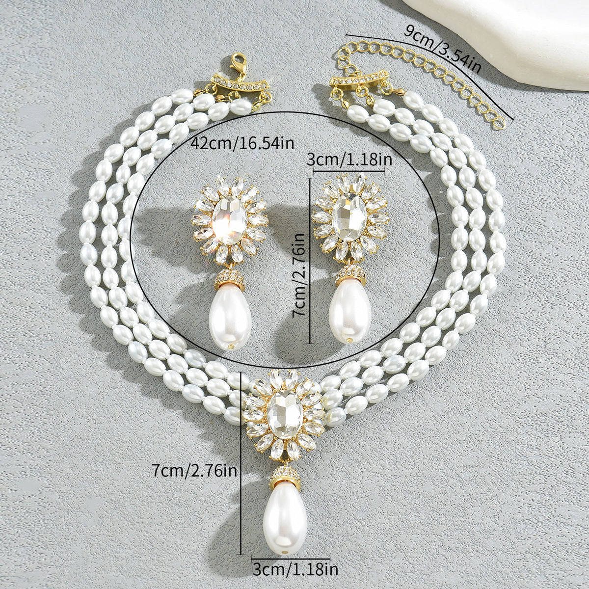Geometric Light Luxury European American Women Jewelry Set, Niche Crystal Inlaid Multi-Layer Clavicle Chain Pearl Necklace & Matching Earrings