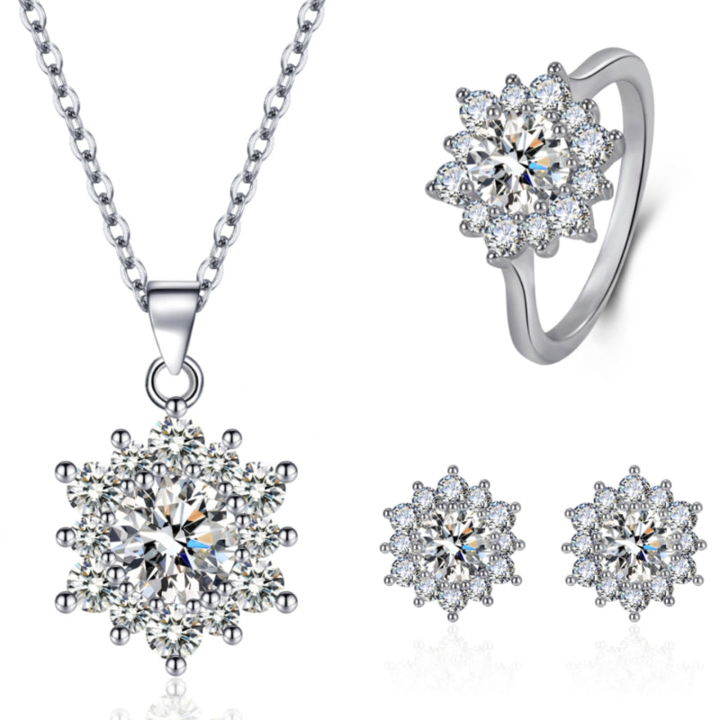 Elegant Full-diamond Snowflake Stud Earrings Pendant Necklace And Ring Jewelry Set