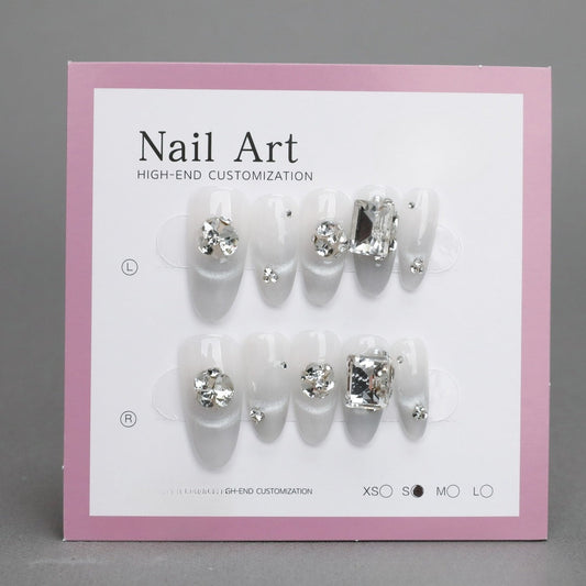 White Rhinestone Coffin Acrylic Cat Eye Nails