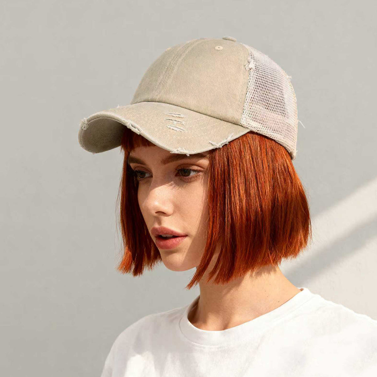 Distressed Washed Mesh Baseball Cap – Rear-Opening Design