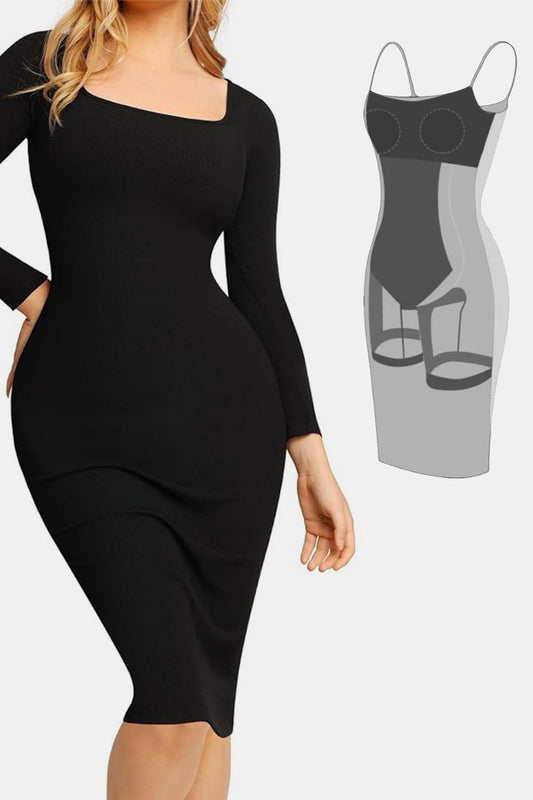Elegant Black Full Size Built-In Shapewear Square Neck Long Sleeve Dress Sculpting Fit Dress for Women