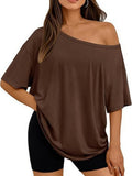 New Women's T-shirt Casual Fashion Slant Collar Top Women's Knitted Short Sleeve Top