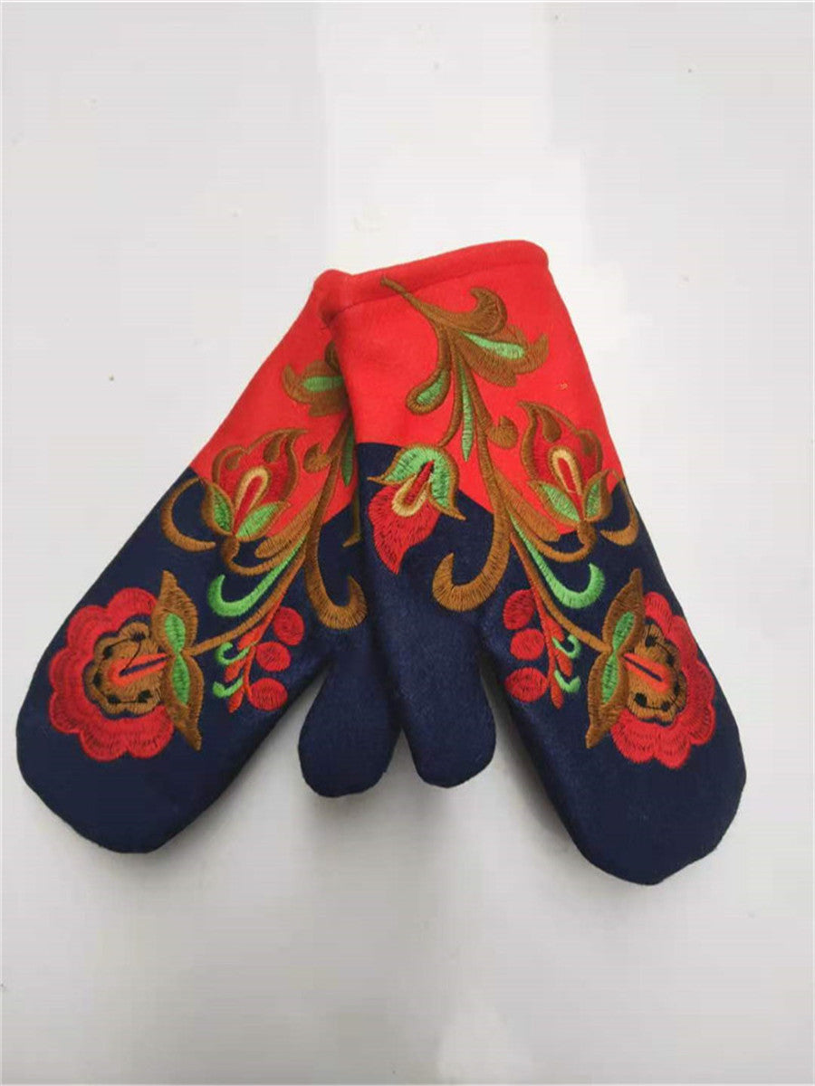 Thickened Color-block Embroidered Winter Warm Gloves For Women