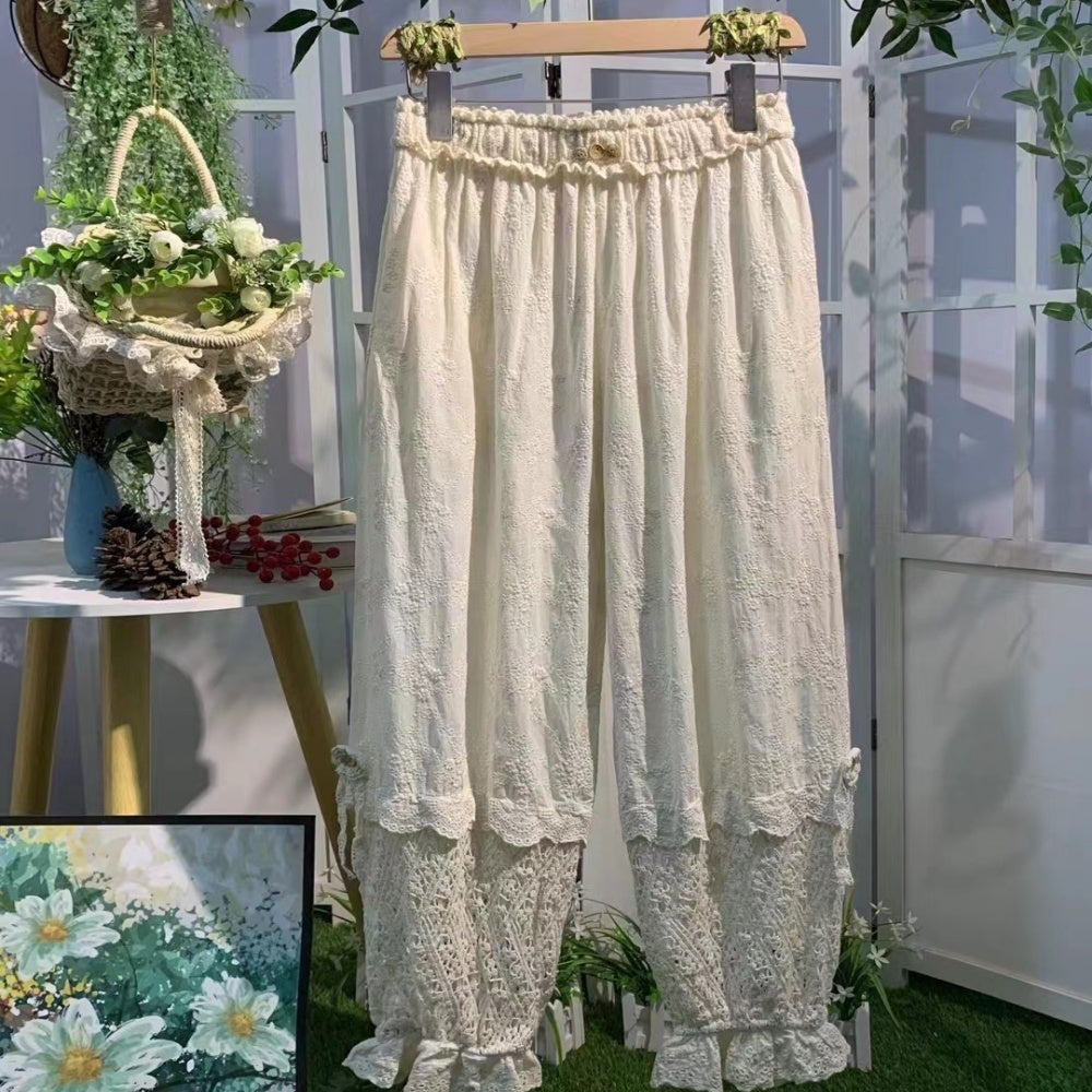 Forest Style Fully Hollowed Out Embroidered Patchwork Lantern Pants