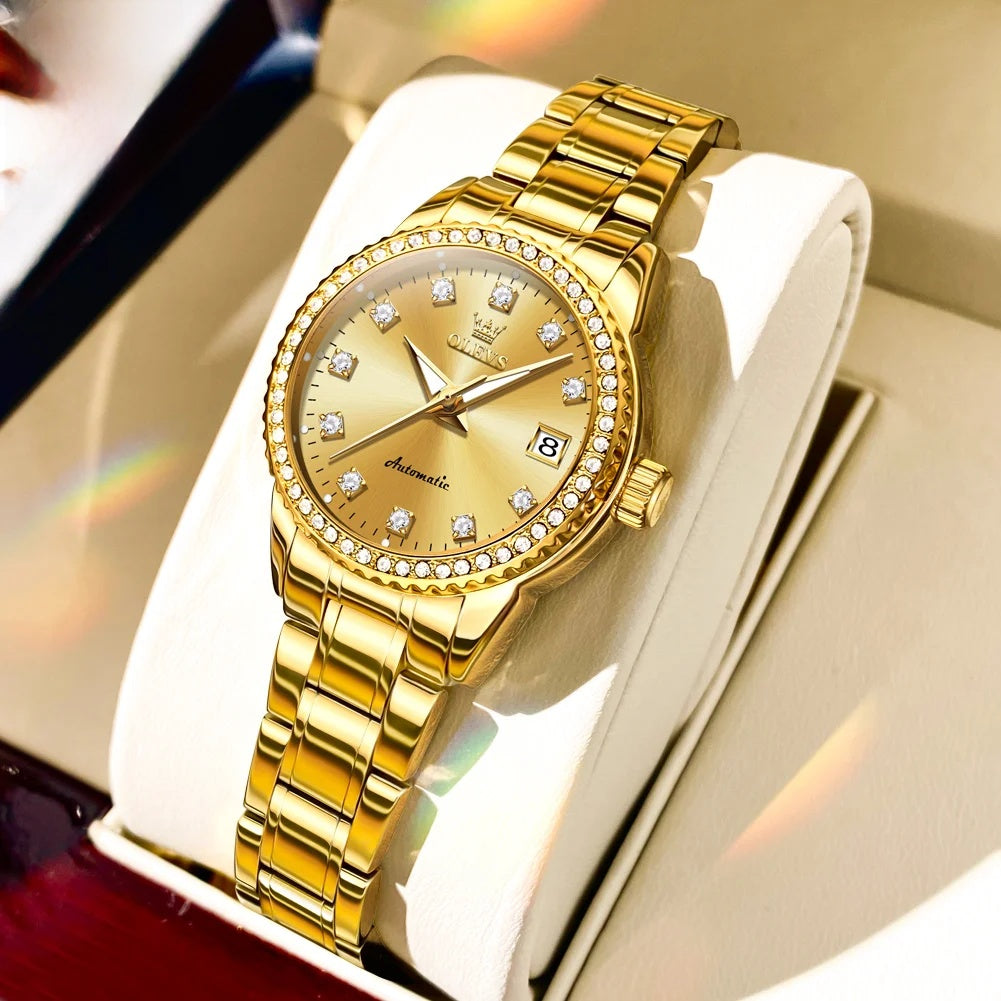Damen-Automatikuhr mit Diamantzifferblatt aus Edelstahl