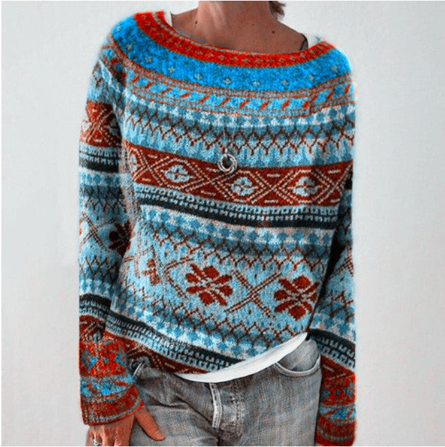 Women's Round Neck Loose Multicolor Pullover Sweater