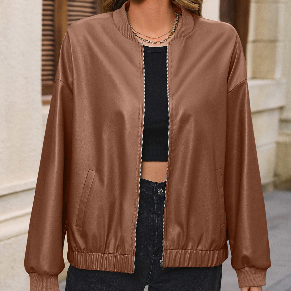 Women's Solid Color European And American Leisure Short Leather Jacket