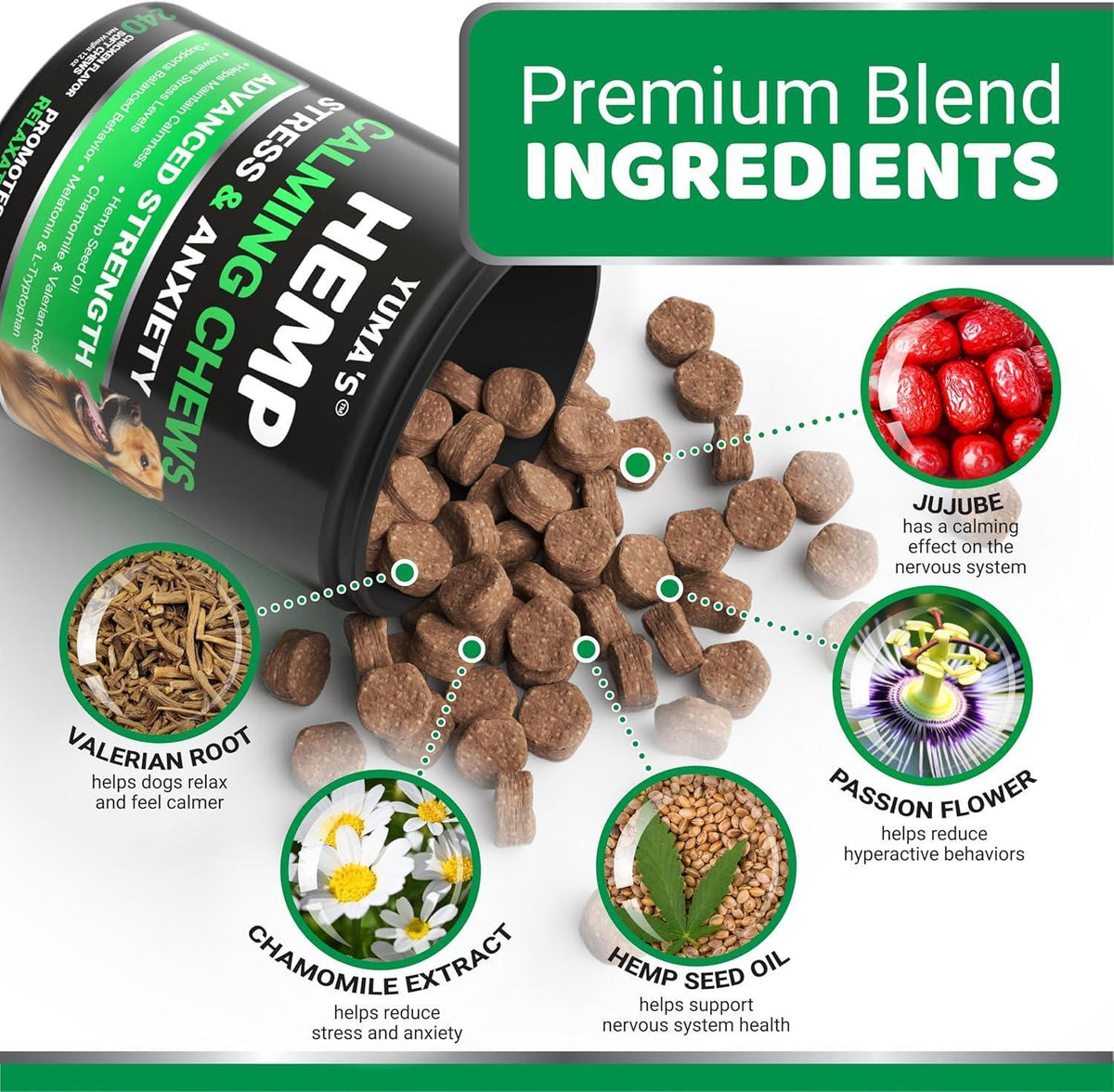 Hemp Calming Chews for Dogs 240 Count Anxiety Relief Melatonin & Chamomile